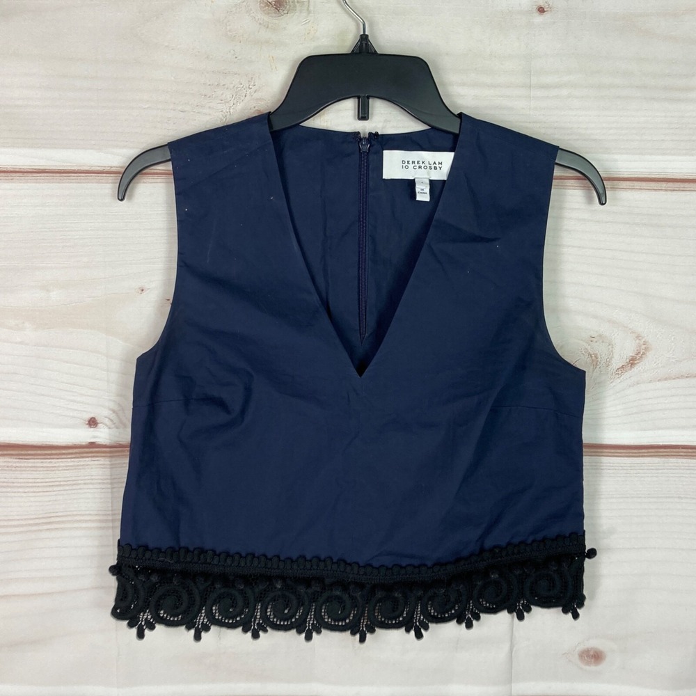 Derek Lam 10 Crosby Top Women 4 Blue V-Neck Lace Trim Tank Crop Shell Sleeveless